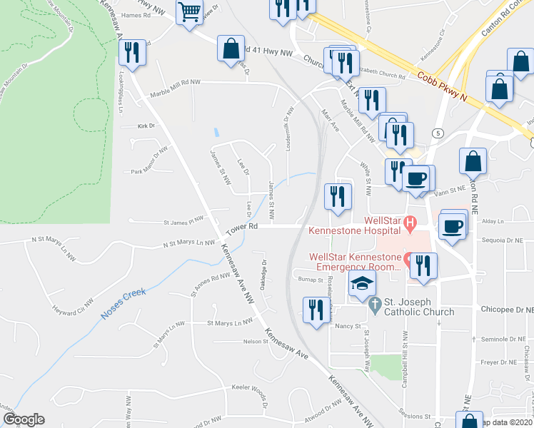 map of restaurants, bars, coffee shops, grocery stores, and more near 761 James Street Northwest in Marietta