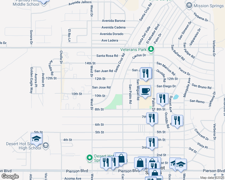 map of restaurants, bars, coffee shops, grocery stores, and more near 10672 Santa Cruz Road in Desert Hot Springs
