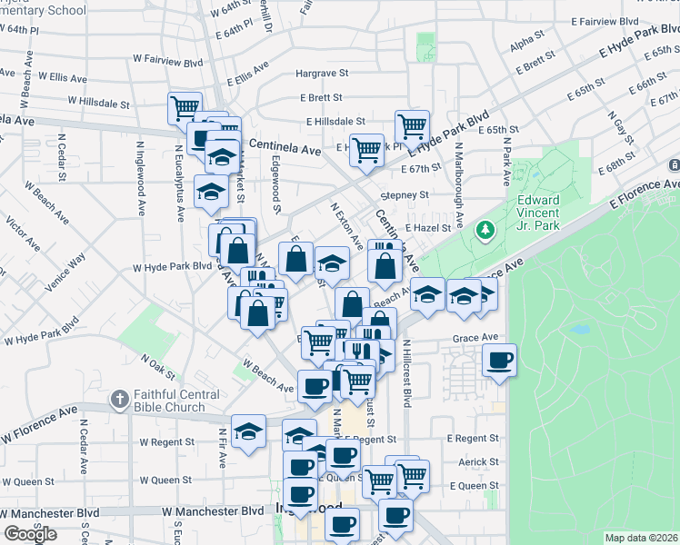 map of restaurants, bars, coffee shops, grocery stores, and more near 318 East Hazel Street in Inglewood