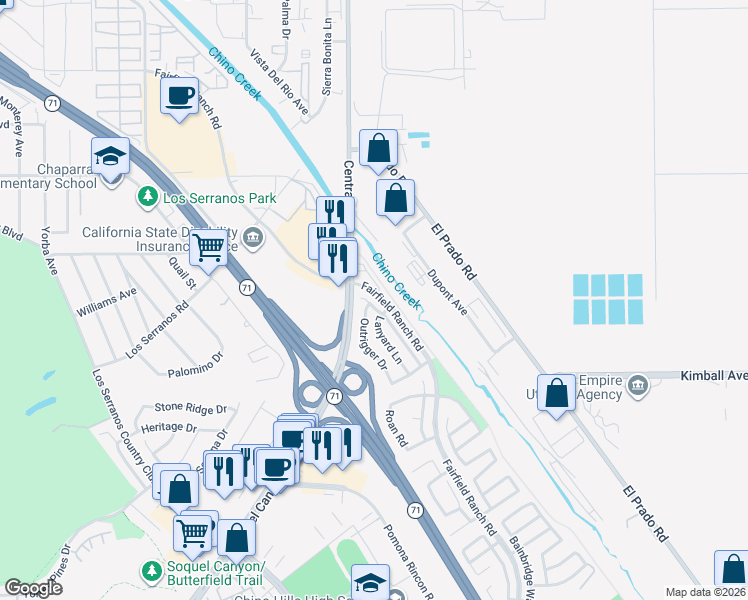 map of restaurants, bars, coffee shops, grocery stores, and more near 15493 Timberidge Lane in Chino Hills