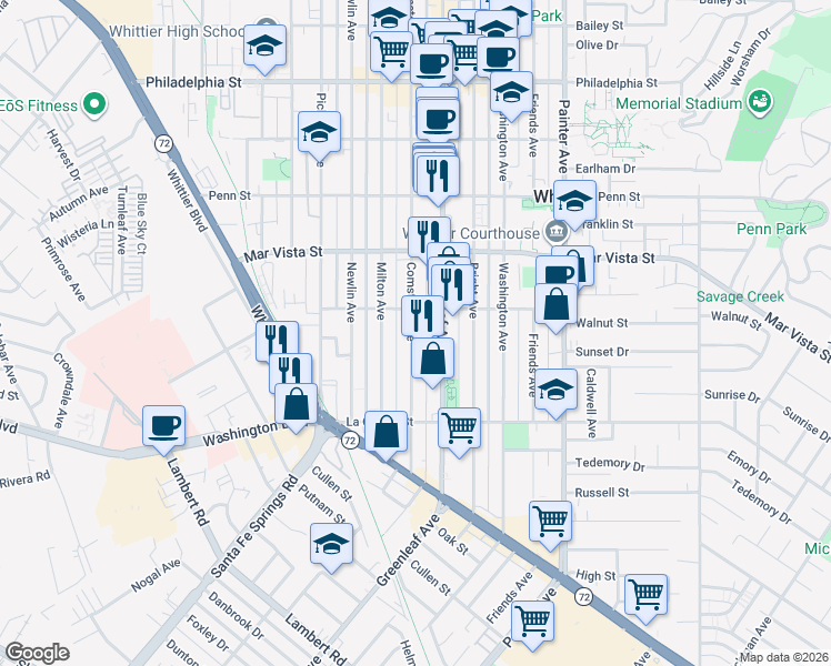 map of restaurants, bars, coffee shops, grocery stores, and more near 7750 Comstock Avenue in Whittier