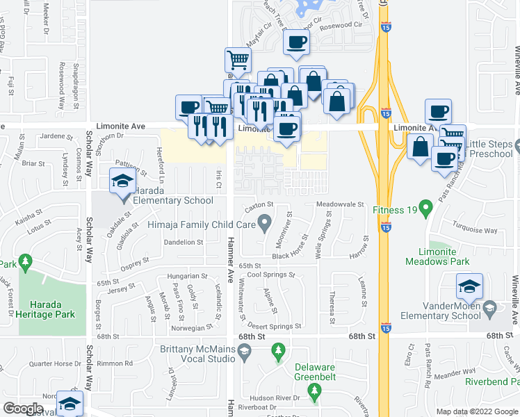 map of restaurants, bars, coffee shops, grocery stores, and more near 6432 Caxton Street in Eastvale