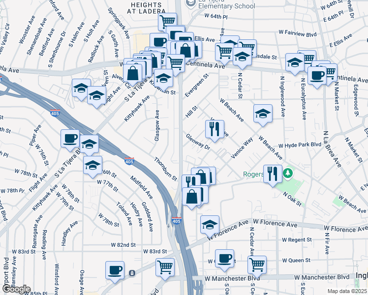 map of restaurants, bars, coffee shops, grocery stores, and more near 626 Kew Street in Inglewood