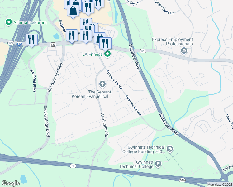 map of restaurants, bars, coffee shops, grocery stores, and more near 2013 Thomas Pointe Trace in Lawrenceville