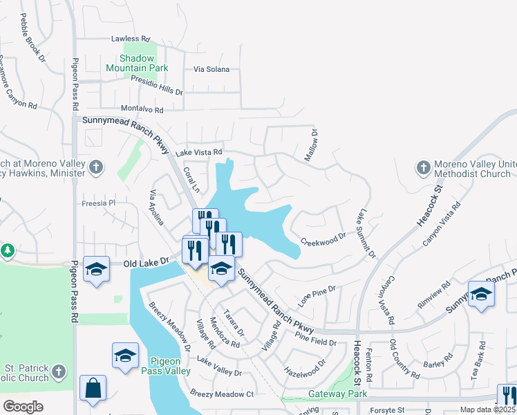 map of restaurants, bars, coffee shops, grocery stores, and more near 23685 Coldwater Court in Moreno Valley