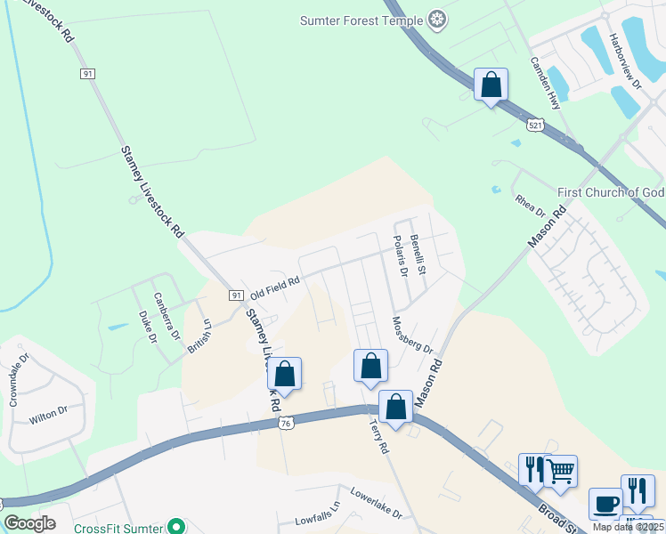 map of restaurants, bars, coffee shops, grocery stores, and more near 2881 Old Field Road in Sumter