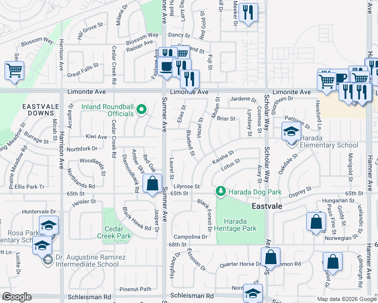 map of restaurants, bars, coffee shops, grocery stores, and more near 13311 Kamelia Street in Corona