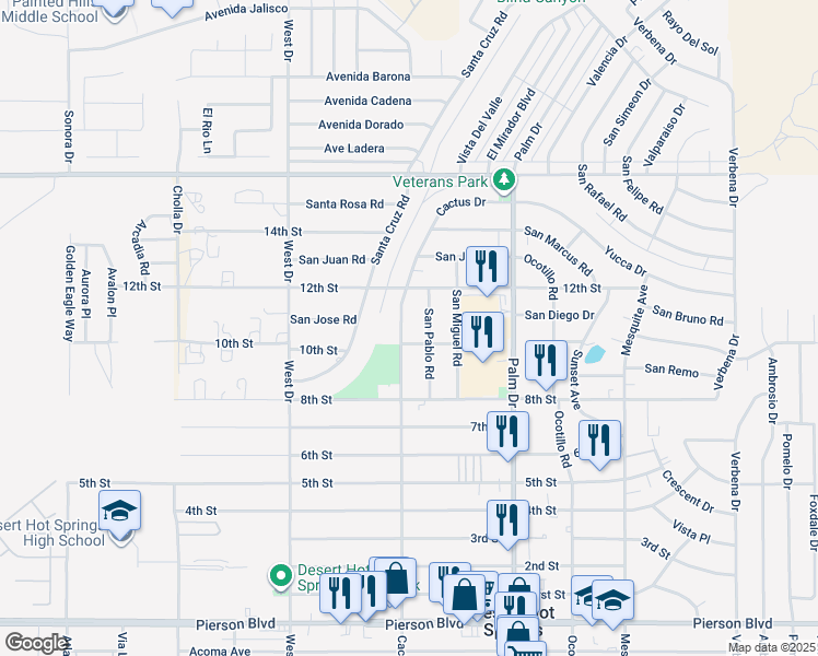 map of restaurants, bars, coffee shops, grocery stores, and more near 10650 Cactus Drive in Desert Hot Springs
