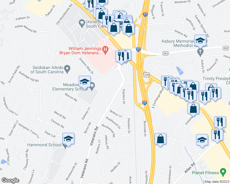 map of restaurants, bars, coffee shops, grocery stores, and more near 389 Wormwood Lane in Columbia
