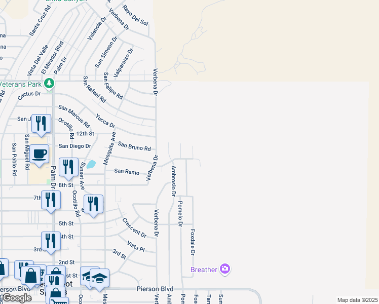 map of restaurants, bars, coffee shops, grocery stores, and more near 67145 San Ardo Road in Desert Hot Springs