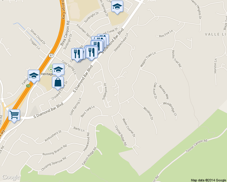 map of restaurants, bars, coffee shops, grocery stores, and more near 2945 Steeplechase Lane in Diamond Bar