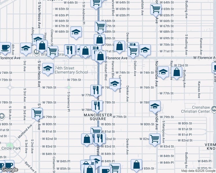 map of restaurants, bars, coffee shops, grocery stores, and more near 7530 South Hobart Boulevard in Los Angeles