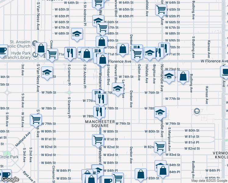 map of restaurants, bars, coffee shops, grocery stores, and more near 7614 Harvard Boulevard in Los Angeles