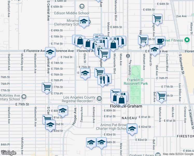 map of restaurants, bars, coffee shops, grocery stores, and more near 1445 East 76th Place in Los Angeles