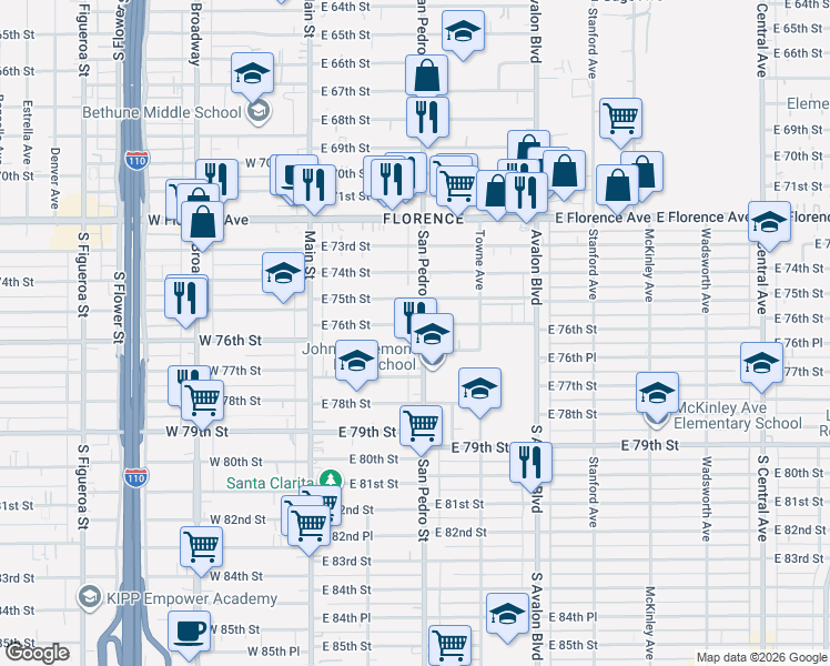 map of restaurants, bars, coffee shops, grocery stores, and more near 7607 San Pedro Street in Los Angeles