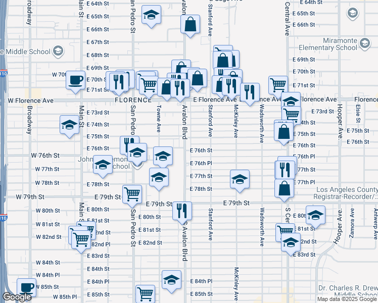 map of restaurants, bars, coffee shops, grocery stores, and more near 606 East 76th Street in Los Angeles