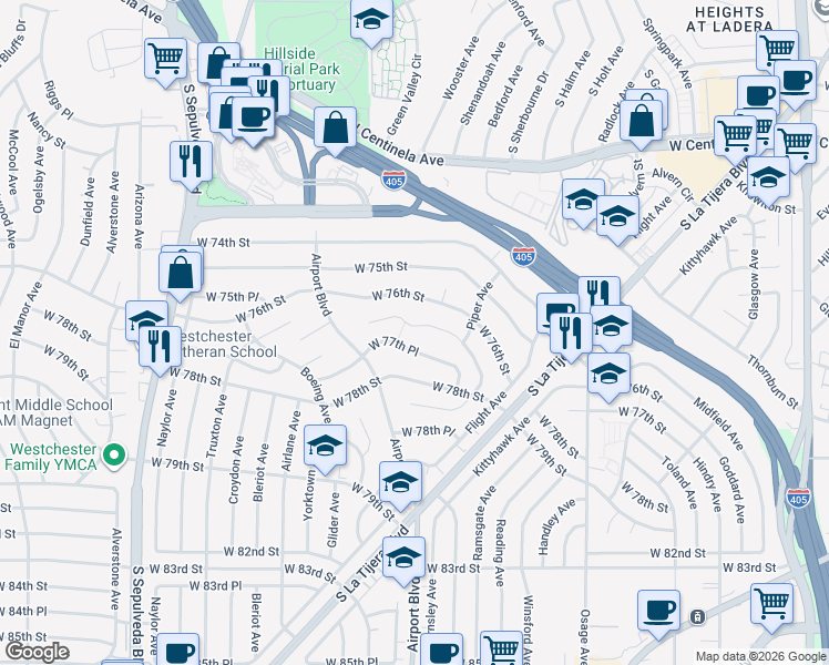 map of restaurants, bars, coffee shops, grocery stores, and more near 5908 Abernathy Drive in Los Angeles