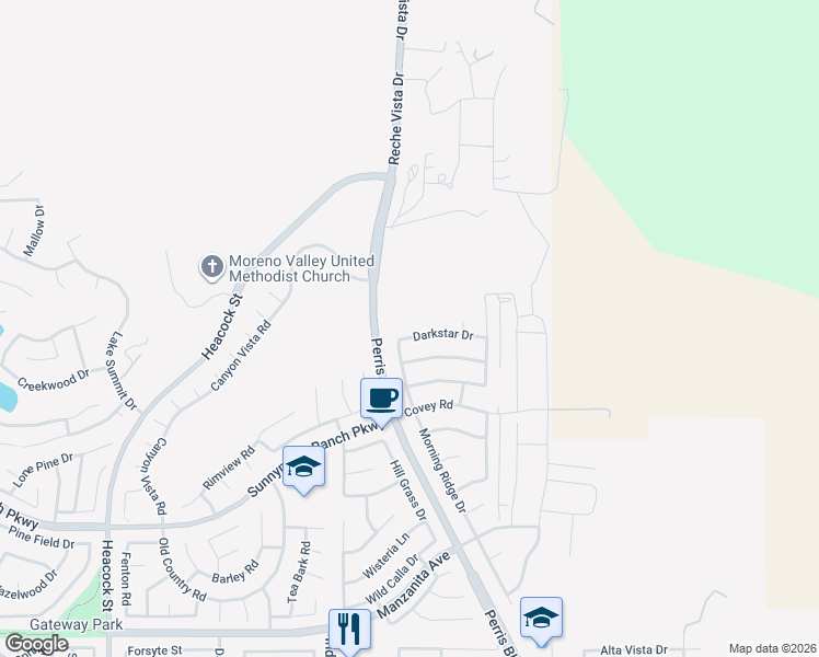 map of restaurants, bars, coffee shops, grocery stores, and more near 24694 Darkstar Drive in Moreno Valley