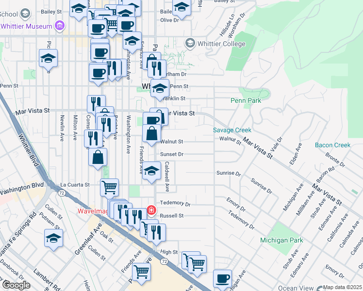 map of restaurants, bars, coffee shops, grocery stores, and more near 13601 Sunset Drive in Whittier