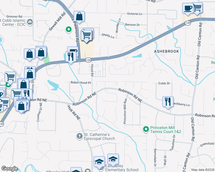 map of restaurants, bars, coffee shops, grocery stores, and more near 902 Weddington Place Northeast in Marietta