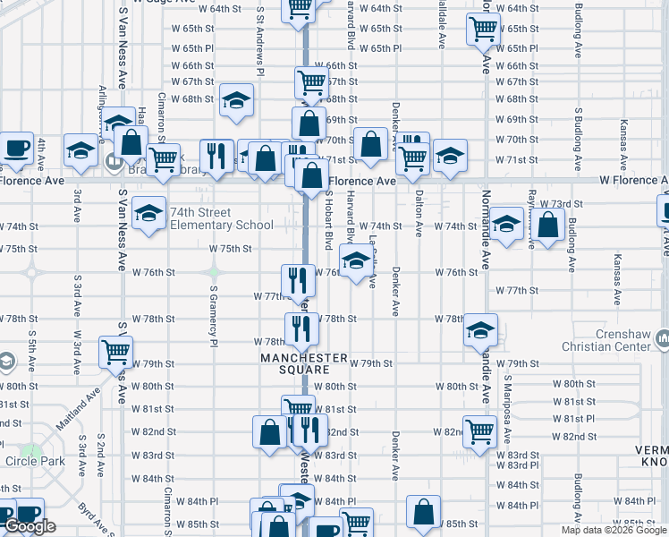 map of restaurants, bars, coffee shops, grocery stores, and more near 7530 South Hobart Boulevard in Los Angeles