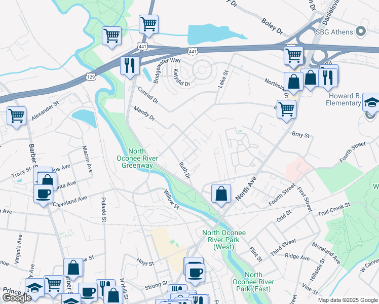 map of restaurants, bars, coffee shops, grocery stores, and more near 155 Artisan Place in Athens