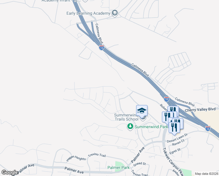 map of restaurants, bars, coffee shops, grocery stores, and more near 1047 Little Leaf Street in Calimesa