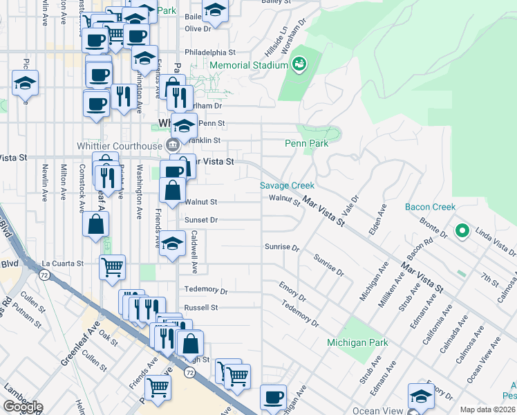 map of restaurants, bars, coffee shops, grocery stores, and more near 13758 Walnut Street in Whittier
