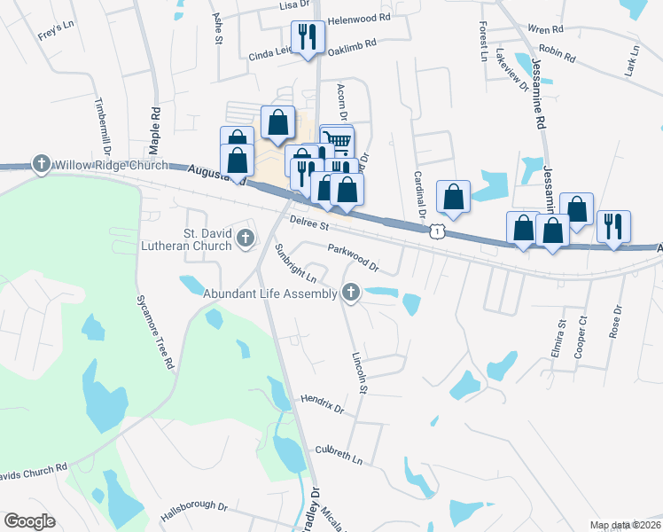 map of restaurants, bars, coffee shops, grocery stores, and more near 303 Park Lane in West Columbia