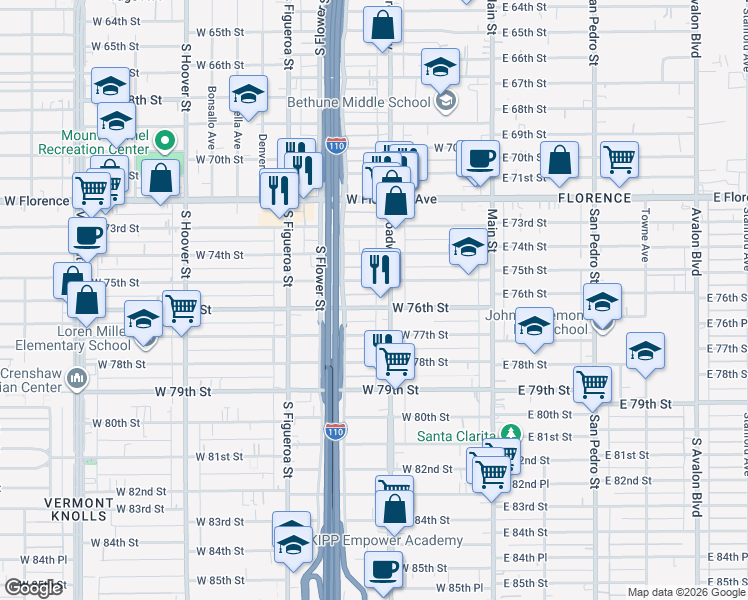 map of restaurants, bars, coffee shops, grocery stores, and more near 317 West 76th Street in Los Angeles