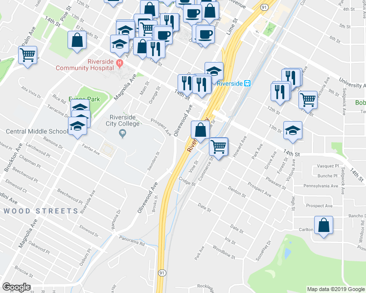 map of restaurants, bars, coffee shops, grocery stores, and more near 3198 Prospect Avenue in Riverside