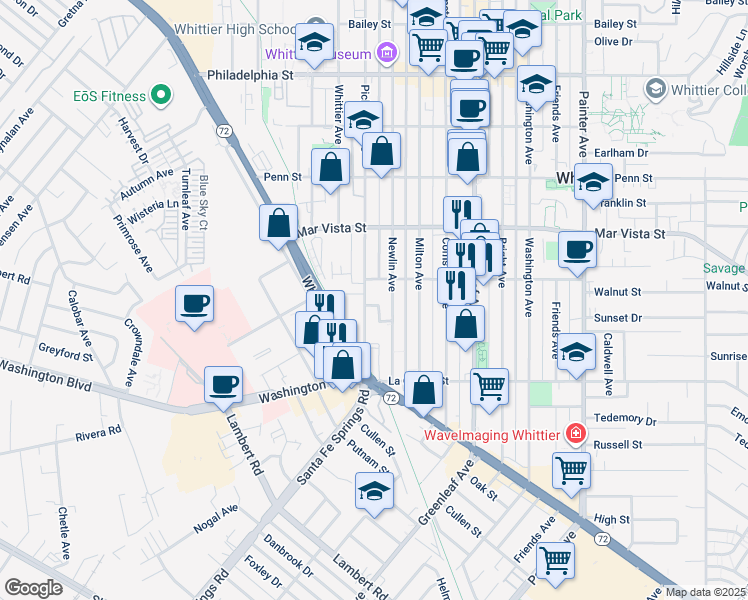 map of restaurants, bars, coffee shops, grocery stores, and more near 7743 1/2 Newlin Avenue in Whittier