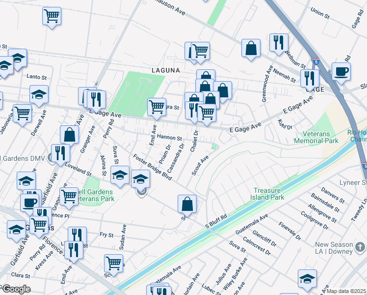 map of restaurants, bars, coffee shops, grocery stores, and more near 6540 1/2 Cassandra Drive in Bell Gardens