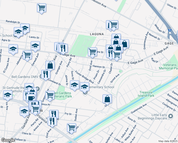 map of restaurants, bars, coffee shops, grocery stores, and more near 6559 Emil Avenue in Bell Gardens