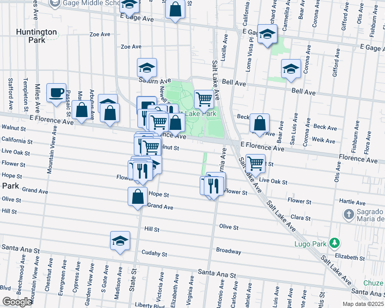 map of restaurants, bars, coffee shops, grocery stores, and more near 3407 California Street in Huntington Park