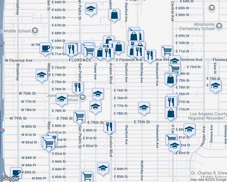 map of restaurants, bars, coffee shops, grocery stores, and more near 613 East 76th Place in Los Angeles