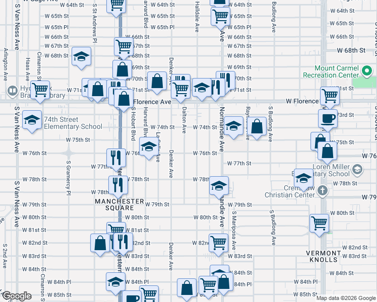 map of restaurants, bars, coffee shops, grocery stores, and more near 7619 Dalton Avenue in Los Angeles