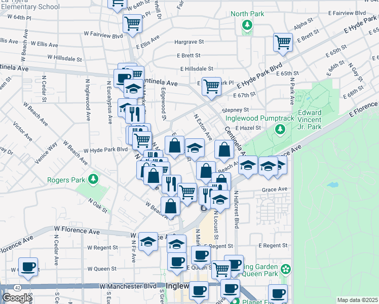 map of restaurants, bars, coffee shops, grocery stores, and more near in Inglewood