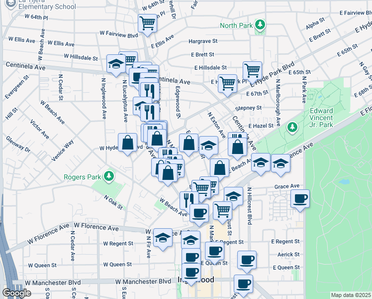 map of restaurants, bars, coffee shops, grocery stores, and more near 514 North Market Street in Inglewood