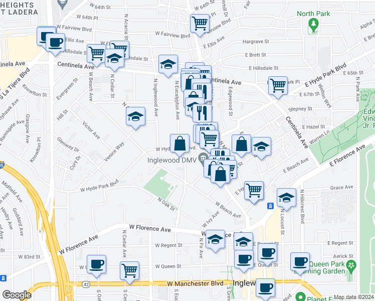 map of restaurants, bars, coffee shops, grocery stores, and more near 601 North Eucalyptus Avenue in Inglewood