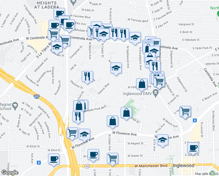 map of restaurants, bars, coffee shops, grocery stores, and more near 531 West Hyde Park Boulevard in Inglewood