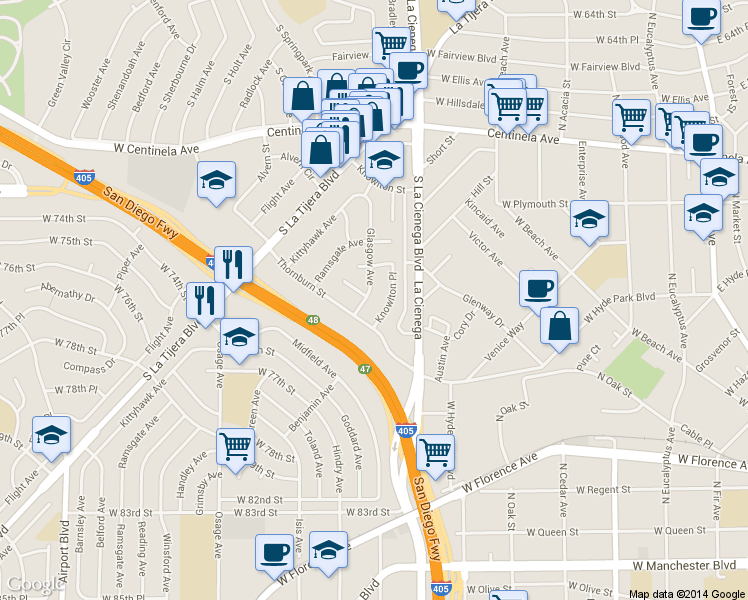 map of restaurants, bars, coffee shops, grocery stores, and more near 5283 Thornburn Street in Los Angeles