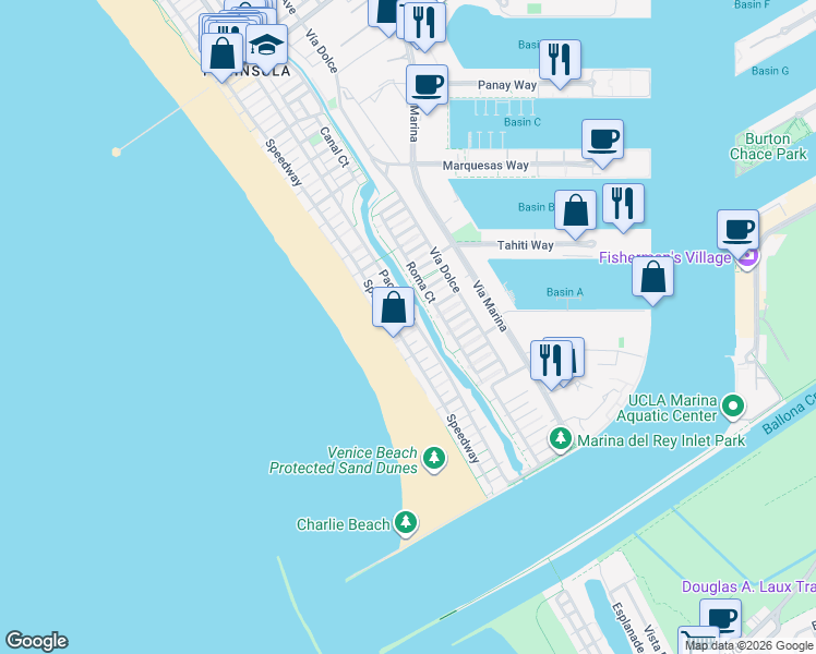 map of restaurants, bars, coffee shops, grocery stores, and more near 4707 Speedway in Marina del Rey