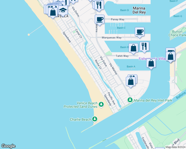 map of restaurants, bars, coffee shops, grocery stores, and more near 4707 Speedway in Marina del Rey