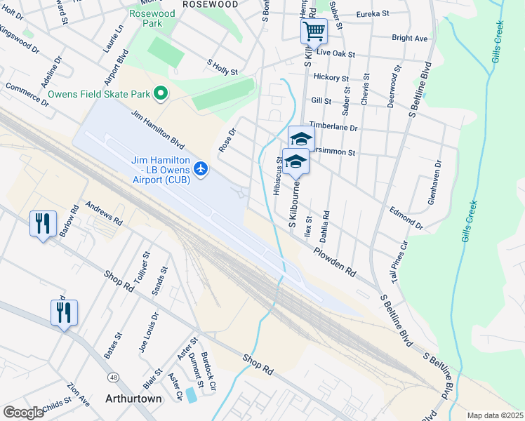 map of restaurants, bars, coffee shops, grocery stores, and more near 3630 Hydrangea Street in Columbia