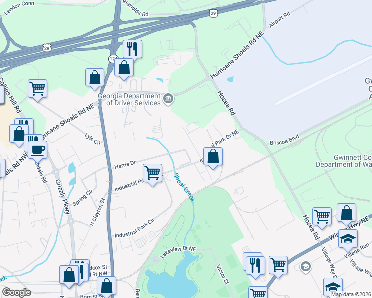 map of restaurants, bars, coffee shops, grocery stores, and more near Gardner Park Court in Gwinnett County