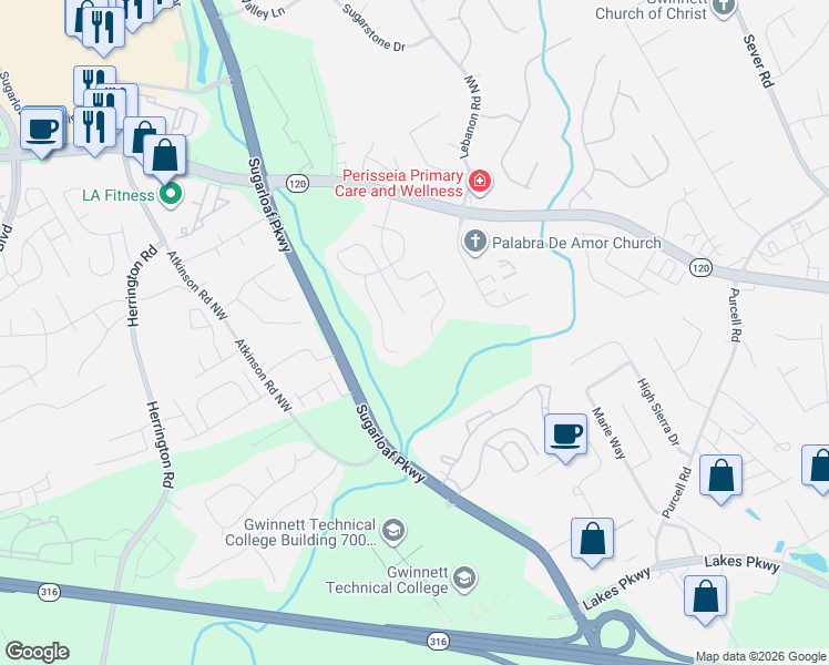map of restaurants, bars, coffee shops, grocery stores, and more near 1490 Racquet Club Drive Northwest in Lawrenceville