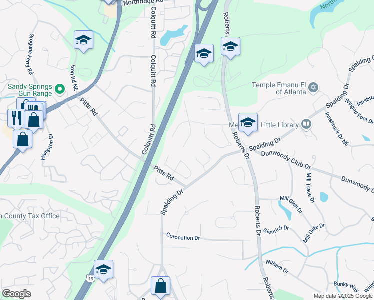 map of restaurants, bars, coffee shops, grocery stores, and more near 305 Spindle Court in Atlanta
