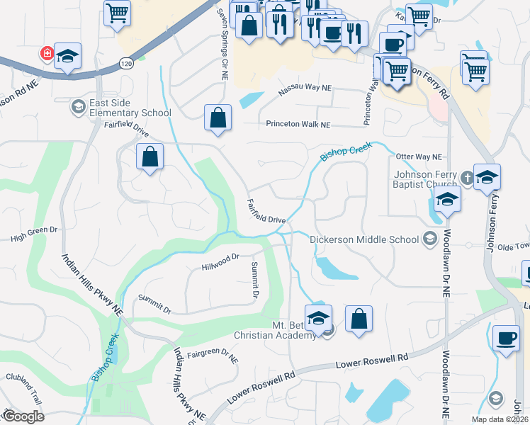 map of restaurants, bars, coffee shops, grocery stores, and more near 876 Fairfield Drive in Marietta