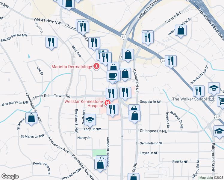 map of restaurants, bars, coffee shops, grocery stores, and more near 320 Kennestone Hospital Boulevard in Marietta